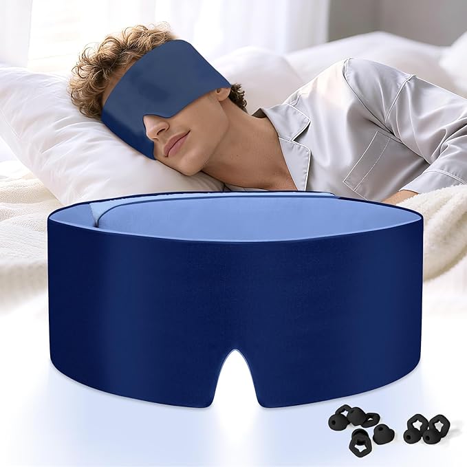 Warmcuddly Sleep Mask for Men Blackout: Reversible Dual-Sided Eye Mask with Adjustable Band - Soft Cotton and Silky Cooling Blindfold for Women Travel Nap Meditation （Navy）