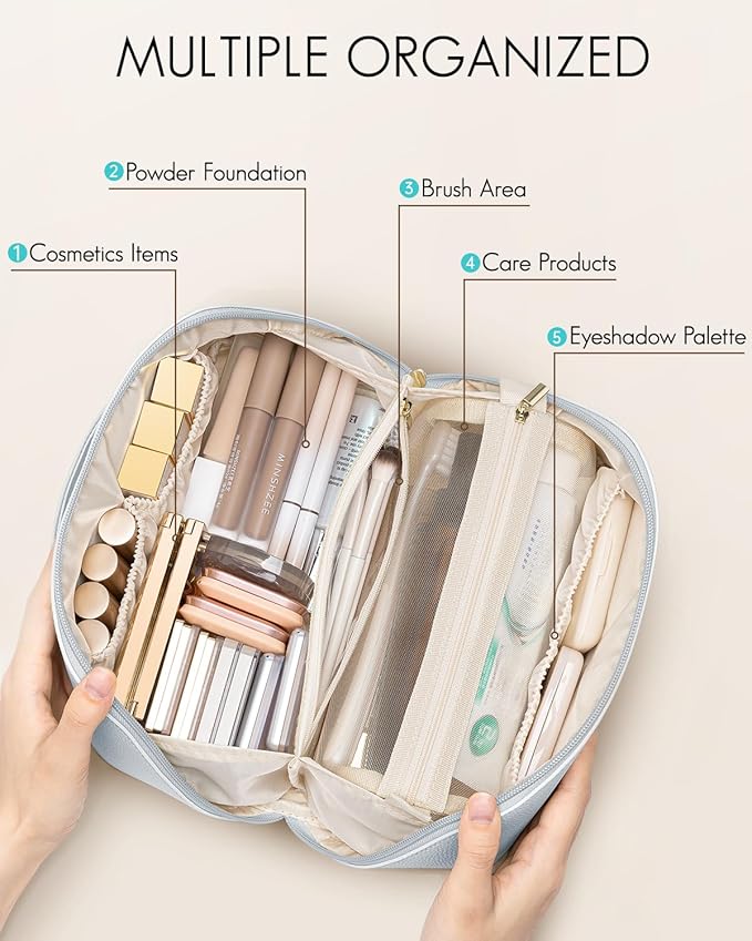 Vlando Makeup Bag,Large Capacity Toiletry Bag for Women Waterproof Portable Make up Pouch PU Leather Open Flat Cosmetic Bag(Baby Blue)