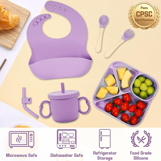 Silicone Baby Feeding Set, Baby Led Weaning Supplies, Silicone Suction Plate, Bowl, Spoons, Fork, Waterproof Bib, Cup and Food Tableware, Eating Utensils Baby Feeding Essentials for 3+ Months