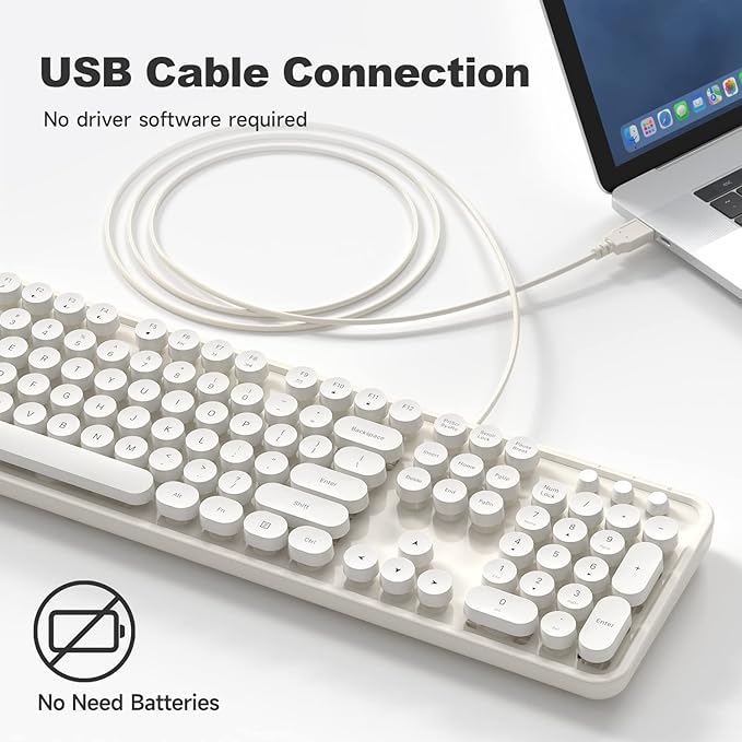 USB Wired Computer Keyboard - Retro Typewriter Keyboard - Full Size Keyboard with Number Pad for PC Laptop Desktop Windows (Creamy White)