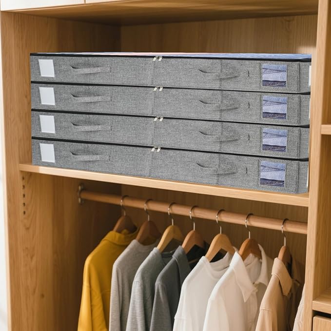 combocube 2 Pack Under Bed Storage Containers, 4.5" Low Profile Underbed Storage Bins with Sturdy Support, Stackable Space Saving Organizer with 4 Handles & Label Windows for Shoes Clothes Blankets