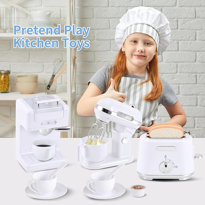 Kitchen Appliances Toys, Play Kitchen Accessories Set for Kids, Pretend Kitchen Toys with Coffee Maker, Mixer and Toaster, Play Kitchen Set for Kids (White)