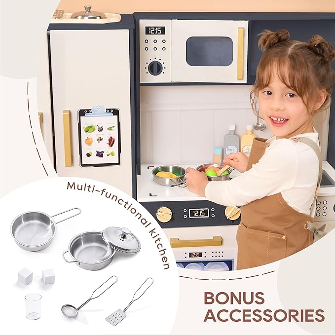 Kids Kitchen Playset with Realistic Design, Luxury Play Kitchen with Extended Storage Cabinets, Toy Kitchen for Toddlers with Coffee Counter, Cookware Accessories, Oven, Microwave (White and Black)