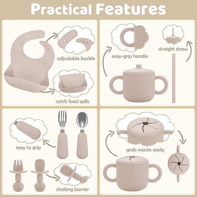 Silicone Baby Feeding Set, Baby Led Weaning Supplies, Eating Essentials Utensils with Suction Plate and Bowl, Pocket Bib, Sippy Cup with Lid, Forks Spoons Snack Container, for 6+ Months, Beige
