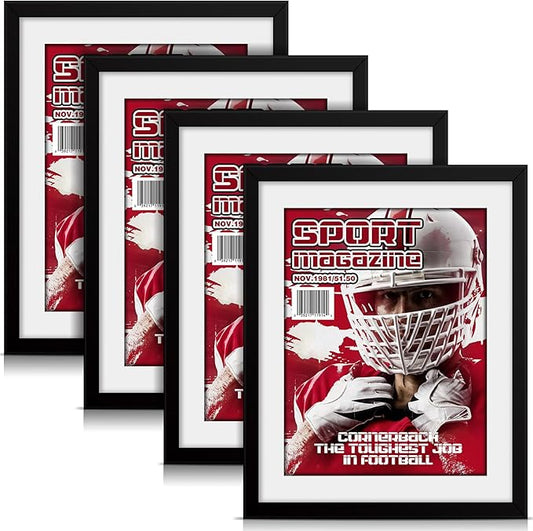 Geetery 4 Pcs Sports Magazine Frame for Wall Fits Measuring 8.5 x 11.25" Magazine Display Frame with Installed Hangers and Core Matting Plastic Comic Book Frames for Wall Hanging(Black , White Mat)