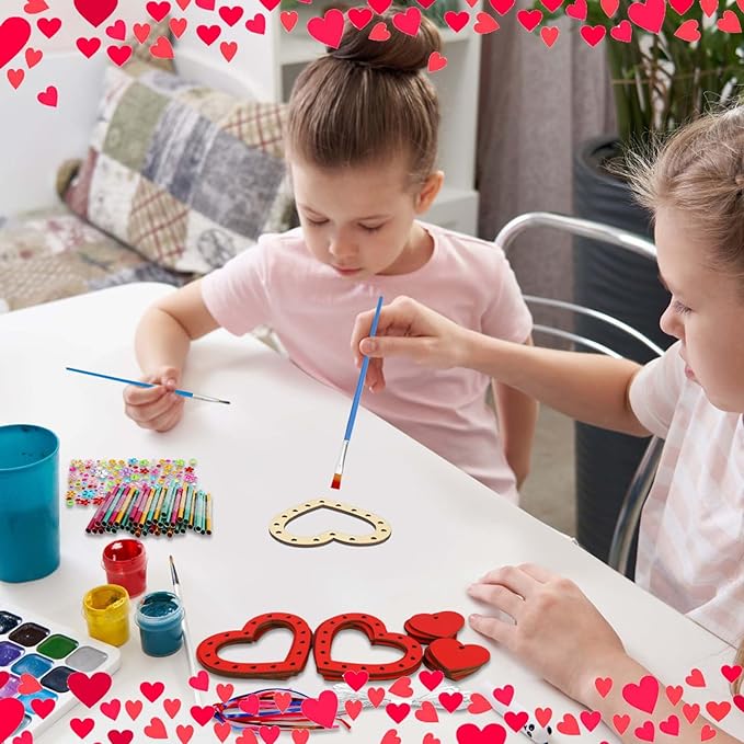 Fennoral 27 Pack Heart Wind Chime Kit for Kids Make You Own Red Heart Wind Chimes Valentine's Day Wooden Ornaments for Kids Art and Craft Valentine's Day Gifts Party Decoration
