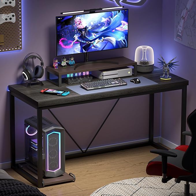 FOLUBAN Home Office Desk, Industrial Vintage Computer Desk, Rustic Wood and Metal Study Writing Table, Simple Work Gaming PC Desks for Bedroom Living Room, Dark Gray 53 Inch