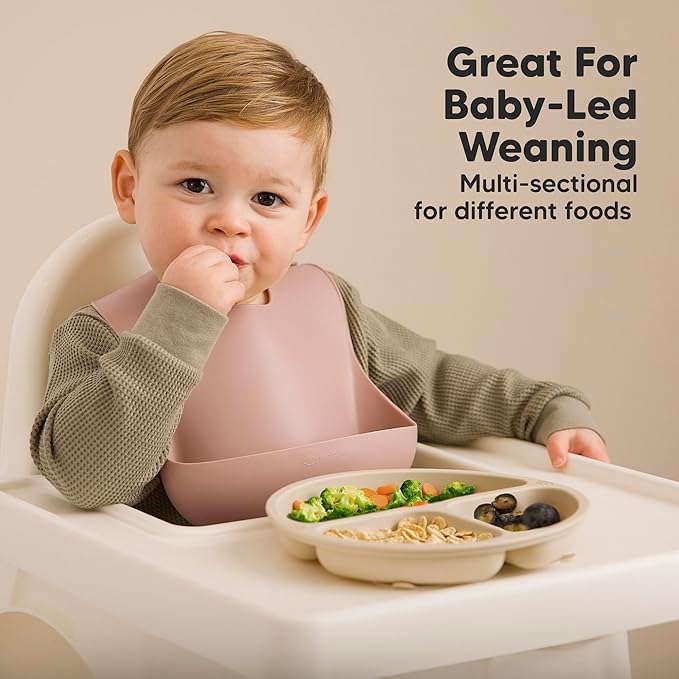 KeaBabies Suction Plates with Lids for Baby - 3-Pack 100% Silicone Suction Plates for Baby, Kids,Toddler Plates,Divided Baby Plates with Suction,Lids, BPA-Free, Microwave, Dishwasher Safe (Olives)