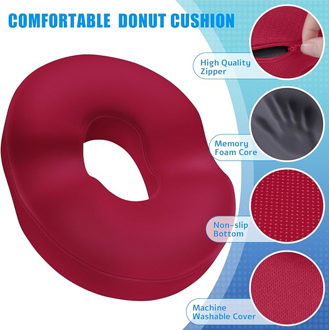 BlissTrends Donut Pillow Seat Cushion, Donut Chair Cushions for Postpartum Pregnancy & Hemorrhoids, Tailbone Pain Relief Cushion, Memory Foam Lifting Cushions for Office & Home Chairs (Red, X-Large)