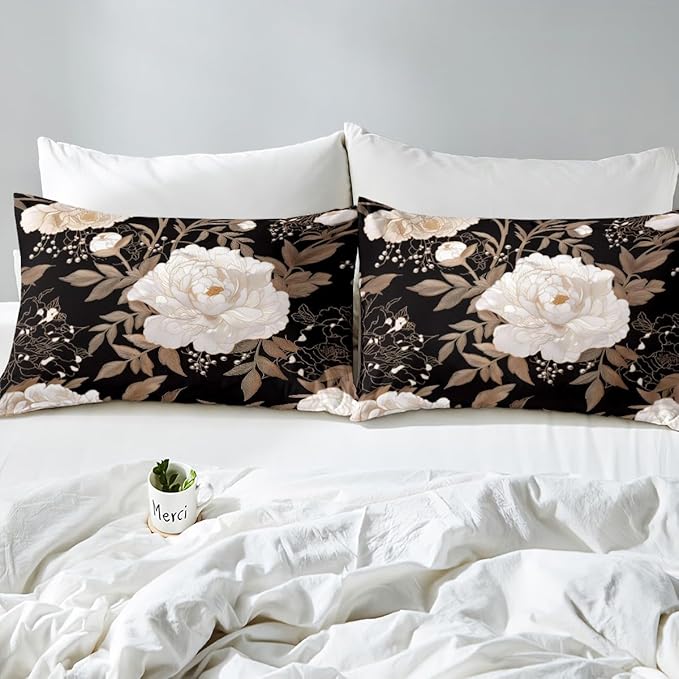 Feelyou Kids Adult Vintage Floral Bedding Set Queen Size，Black Duvet Cover Flower Gold Leaf Plant Pattern Comforter Cover Microfiber Bedspread Cover for Bedroom Decor,No Comforter