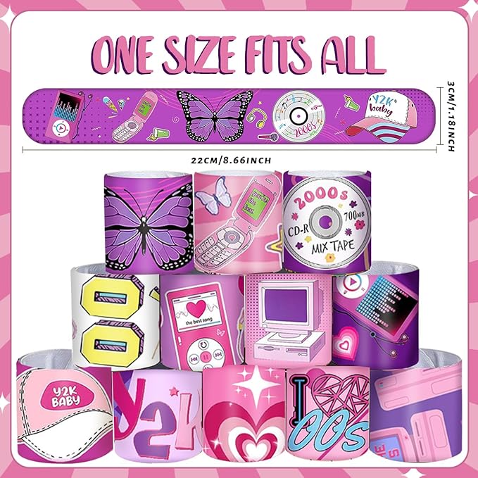 48PCS Y2k 2000s Pink Party Favors Slap Bracelets for Teen Girls, Y2k 2000s Wristbands Bracelets Goodie Bag Fillers Throwback Early 2000s Party Decor Y2k Retro Hip Hop Birthday Decorations Supplies