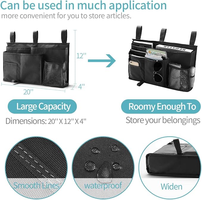 Bseash Bunk Bed Organizer, Bedside Caddy Hanging Bed Organizer Storage Bag 8 Pockets, for College Dorm Rooms Bed, Hospital Bed, Baby Bed Rails, 600D Oxford Cloth