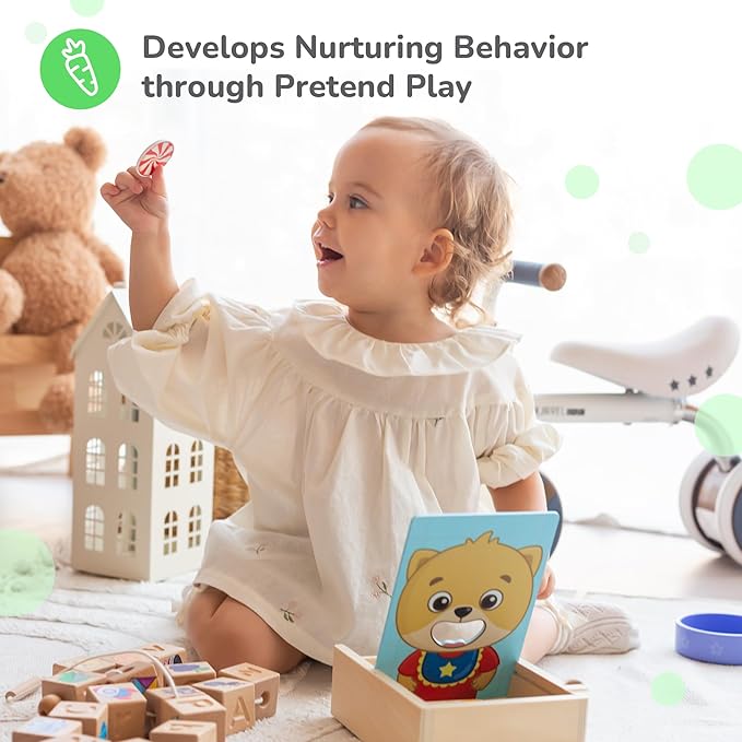 Bimi Boo Wooden Feeding Toy for Toddlers Ages 1-4+ - Pretend Food Game for Preschoolers, Play Food Set for Kids, Learning Resources Food Group Activities - 27 Various Foods, a Spoon, Bowl