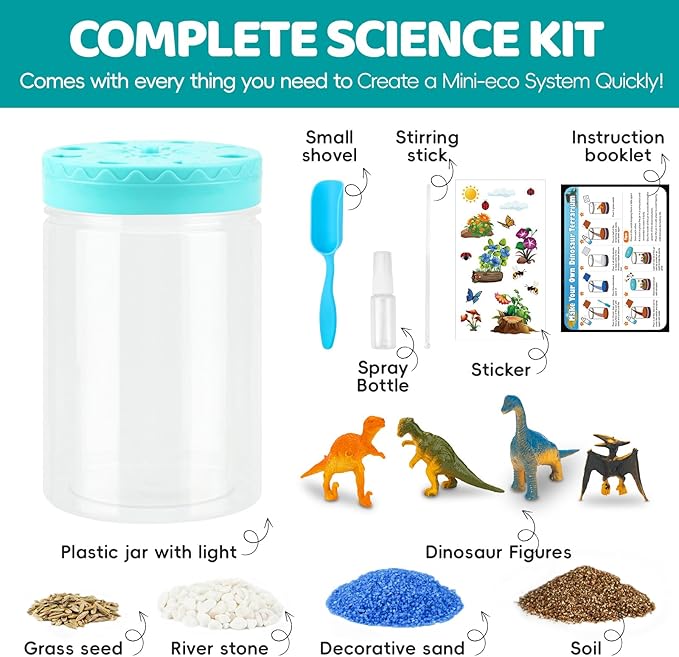 Light Up Dinosaur Terrarium Kit for Kids, Educational Science Kits Gardening Kit for Kids Boys and Girls, Creative Dinosaur Toys for Boys, Arts and Crafts for Kids Birthday Gifts for Ages 4 5 6 7 8-12