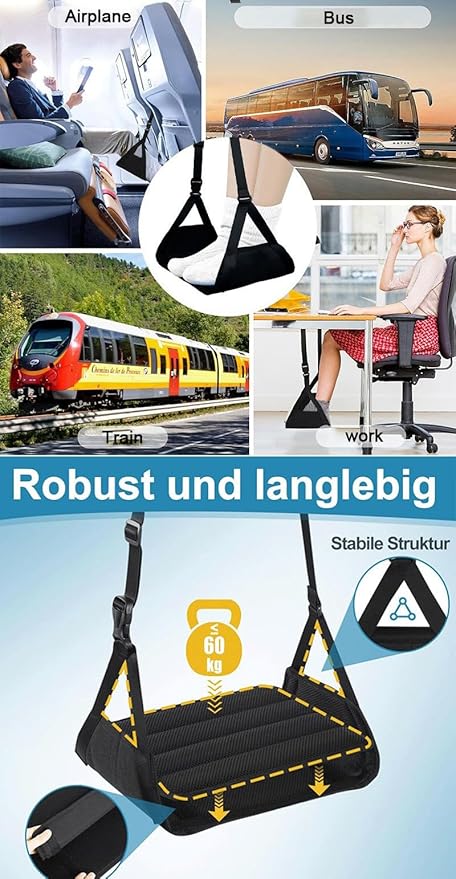 Takelablaze Airplane Travel Footrest Hammock with Hard Board Support and Adjustment Strap Desk Foot Hammock Comfy Footrest for Airplane Long Trip Travel Accessories