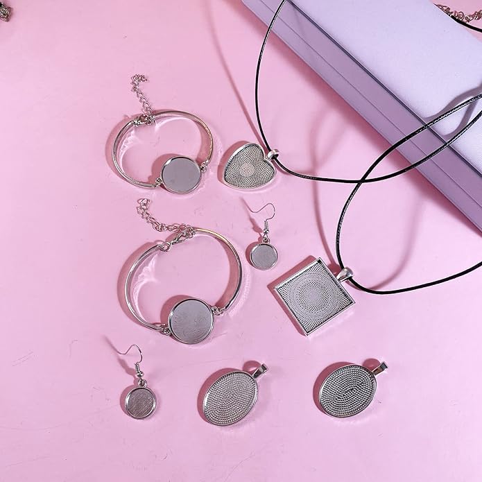 Bezel Pendant Trays Gold and Sliver, Rhinestone Bezel Pendants Trays for DIY Jewelry Craft Making, Picture Necklace Pendant Trays with Clear Glass Cabochons and Chains