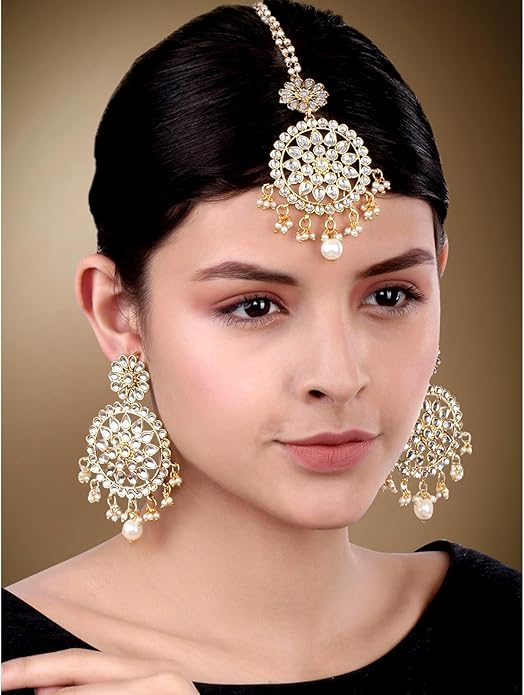 Aheli Ethnic Faux Kundan Drop Pearl Beads Dangle Earrings Maang Tikka Set Bollyood Fashion Jewelry for Women & Girls