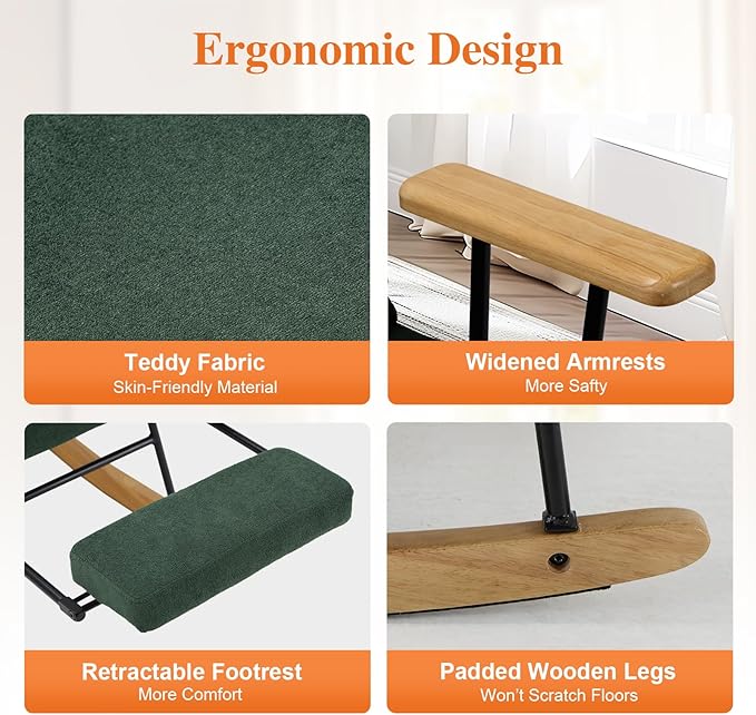 Rocking Chair with Footrest-Glider Rocker Chair with Retractable Footrest and Adjustable Backrest, Teddy Upholstered Rocking Chair, Modern Accent Chair for Living Room/Nursery/Bedroom/Outdoor-Green