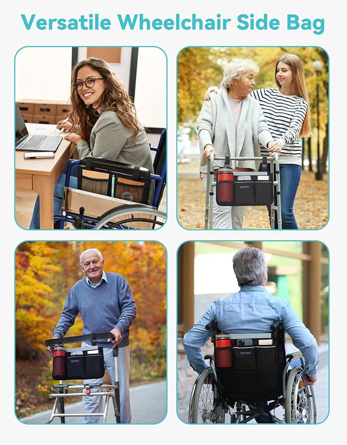 Wheelchair Side Bag, Wheelchair Armrest Pouch Accessories with Cup Holder, Storage Bag for Walker, Rollator, Electric Scooter Wheelchairs, Ideal Gift for Mother's Day & Father's Day