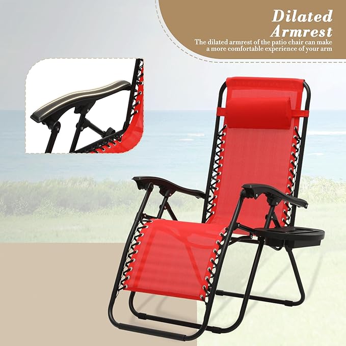 Athena Collection Zero Gravity Outdoor Lounge Chairs Set of 2, 25" Width Pool Lounge Lawn Chairs Reclining with Cup Holder, Outdoor Chaise for Beach Patio Backyard Outside, Red