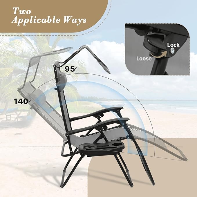 Athena Collection Zero Gravity Outdoor Lounge Chair Set of 2 with Canopy Shade, 25" Width Pool Lounge Lawn Chairs Reclining with Cup Holder, Outdoor Chaise for Beach Patio Outside, Grey