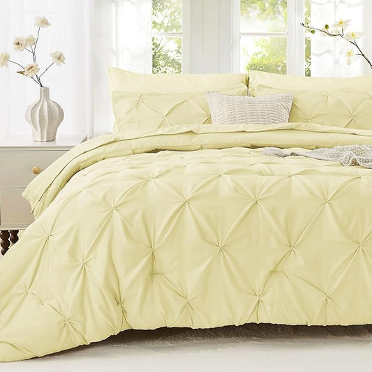 Sasttie Full Size Comforter Set, 7-Piece Bed in a Bag, Pintuck Bedding Set for All Season, Includes Comforter, Flat Sheet, Fitted Sheet, Pillowcases and Pillowshams, Cream Yellow