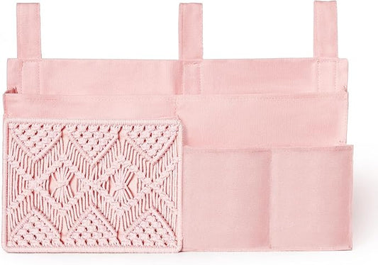 Mkono Bedside Caddy Hanging Organizer, Bunk Woven 7 Pockets Bed Storage Bag Boho Remote Magazine Books Holder with Macrame for Loft Bed College Dorm Bedroom Baby Bed Rails, Pink
