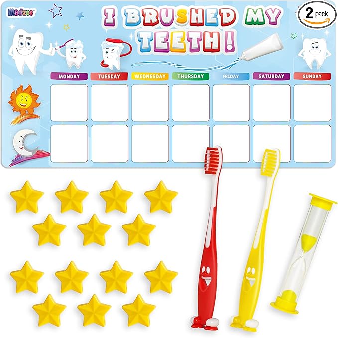 Madzee Toothbrush for Kids with Reward Chart Set, Sand Timer – 2Pcs Soft Bristle Kids Tooth Brush with Magnetic Behavior Chart for Children's Ages 3+
