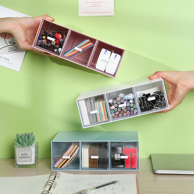 Desktop Drawers, Desk Organizer with 3 Drawers, Stackable Plastic Storage Box for Home Collection, Cosmetics, Jewelry, Office Supplies (1 Tall Layer, Pink)