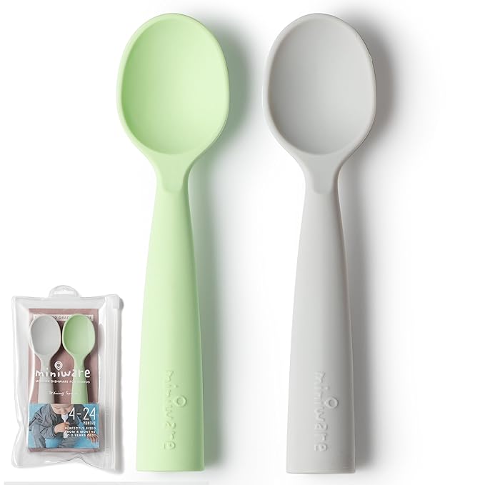 Miniware Silicone Baby Spoon for Training - BPA Free Baby Utensils - Baby Spoons Self Feeding 6 Months | 100% Food Grade Silicone - Modern & Dishwasher Safe Toddler Spoons (Grey & Key Lime)