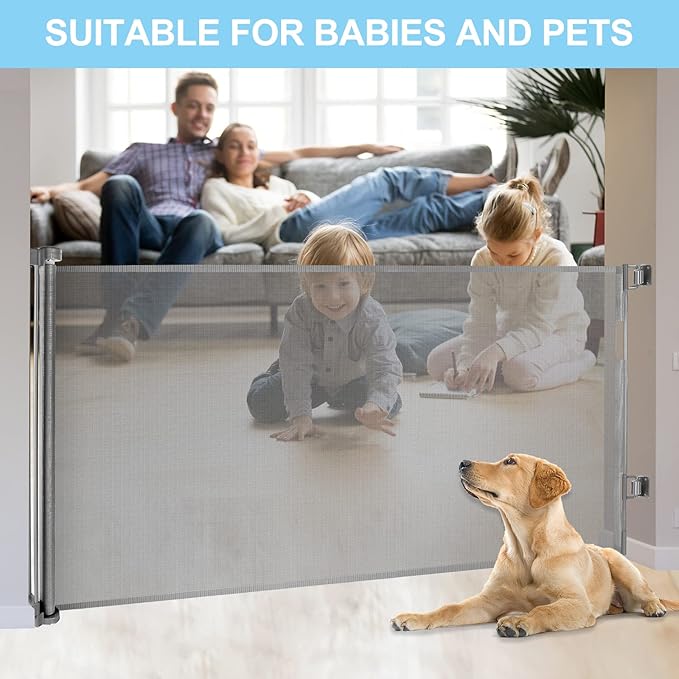 80 Inch Extra Large Retractable Baby Gates Extra Wide Baby Gates for Large Openings Indoor Pet Gates for Dogs Indoor Big baby Gate for Doorways Extra Long Baby Gate Outdoor Pet gate for Doorway (Grey)