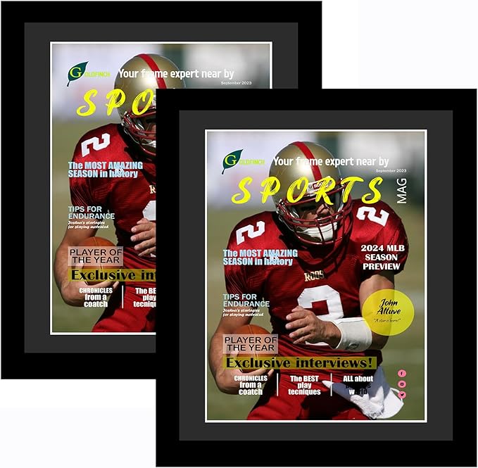 Goldfinch 2 Packs Sports Magazine Frames - Displays Measuring 8 x 10.5 Inches With Black Core Matting - Suitable for 1994-Current Collector's Edition Sports Magazines With Installed Hangers