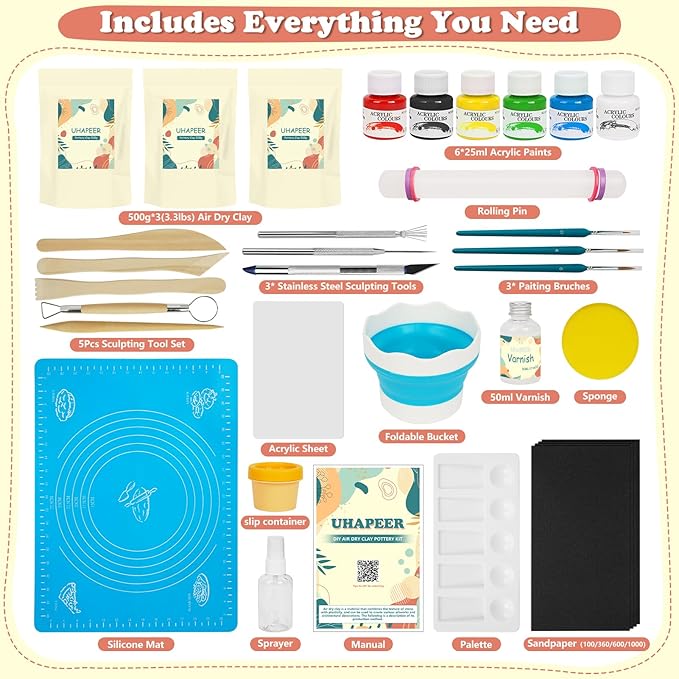 UHAPEER Air Dry Clay Kit for Adults, Pottery Set for Beginners with Clay, Sculpting Tools, Varnish, Pottery Paint, Step-by-Step Guide & Video, Gift for Arts Crafts Lover