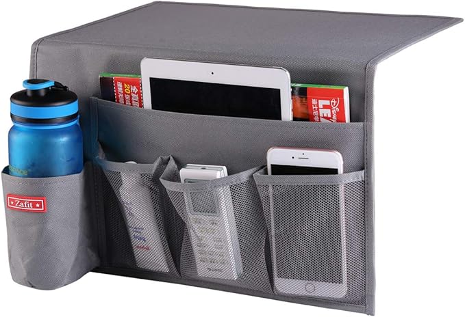 5 Pockets Bedside Caddy, Bedside Storage Organizer for Water Bottles, Magazines, Phone, Glasses (5 Pockets-Grey)