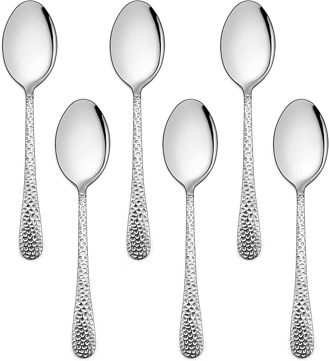 E-far Stainless Steel Kids Spoons, 6-Piece Toddlers Spoons Safe for Preschooler/Children, Hammered Adult look & Small Size, Rust Free & Dishwasher Safe