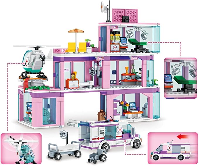 QLT QIAOLETONG Friends City Hospital Building Set, Ambulance Truck with Hospital Bed Wheelchair Playset Birthday, Gift for Boys Girls Kids 6+ Years Old-Compatible with Lego for Girls Age 8-12