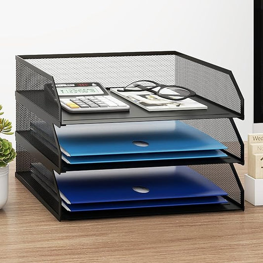 Natwind 3-Tier Stackable Paper Tray, Metal Mesh Desktop Organizer, A4 Paper Sorter, Letter Trays,File Folder Sorter Organizer with Sliding Tray for Home, Office, School (Black)