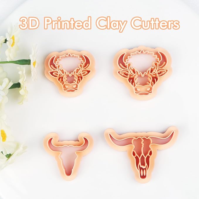 Puocaon American Bison Clay Cutters - 4 Shapes Clay Cutters for Polymer Clay Jewelry, Skull Polymer Clay Cutters for Earrings, 3D Print Polymer Clay Cutters for Jewelry Making, Cow Clay Jewelry Cutter