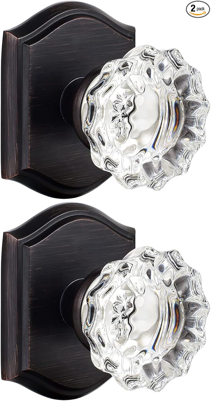 CLCTK 2 Pack Glass Dummy Door Knobs, Antique Inactive Crystal Half-Dummy Door Knobs for Hall and Closet, Oil Rubbed Bronze