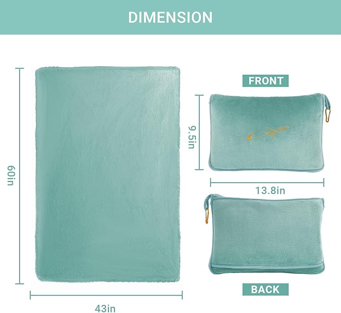 CLEXION Travel Blanket & Pillow Set, 300 GSM Soft Fleece, 60x43 Inches, 3-in-1 Airplane Blanket, Travel Pillow and Blanket Set, Travel Blanket Airplane Compact with Bag, Travel Essentials,Mint Green