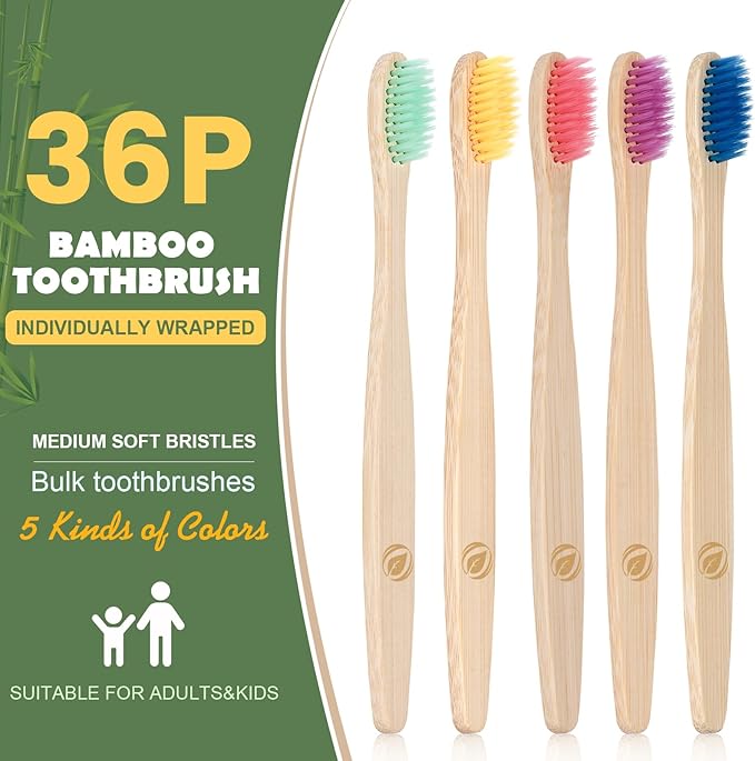 36PCS Kids Bamboo Toothbrushes, BPA Free Soft Toothbrushes for Adults and Kids, Soft Bristles Toothbrushes, Reusable Travel Toothbrushes, Eco Friendly Natural Wooden Toothbrushes Bulk