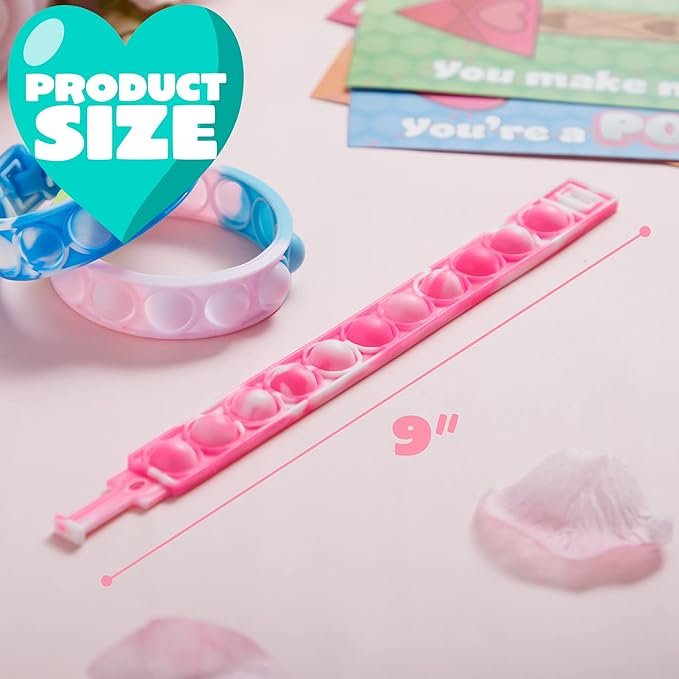 JOYIN 28 Packs Valentine's Day Cards with Pop Fidget Bracelet Pop Bubble Fidget Toy Bracelet Wristband Stress Relief Finger Press Toy for Kids Valentine's Classroom Exchange Prizes Party Favors