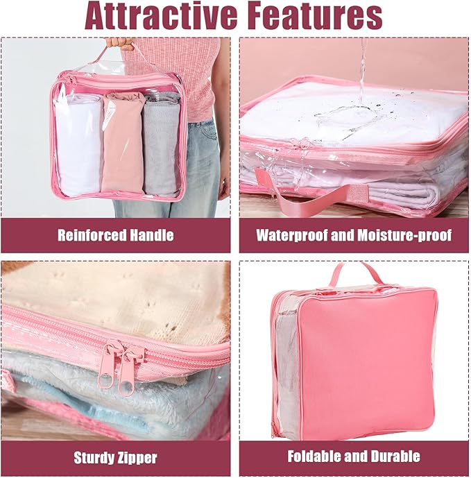 6 Pieces Large Clear Travel Packing Cube Clear Vinyl Zippered Storage Bags See Through Moving Bag PVC Multipurpose Pouch with Handle for Suitcase Shirts Dress Storage (Pink,11.8 x 10.2 x 3.9 Inch)
