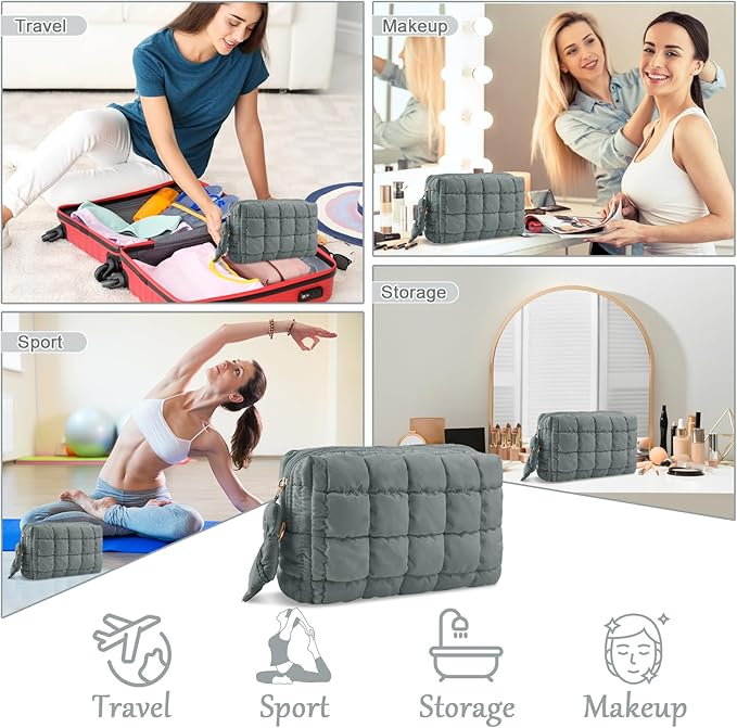 Puffer Quilted Makeup Bag Cosmetic Bags,Puffy Travel Toiletry Pouch for Women,Cute Checkered Zipper Bag Travel Essential,Portable Aesthetic Make up Organizer Bag for Gifts Work Daily(Grey,M)