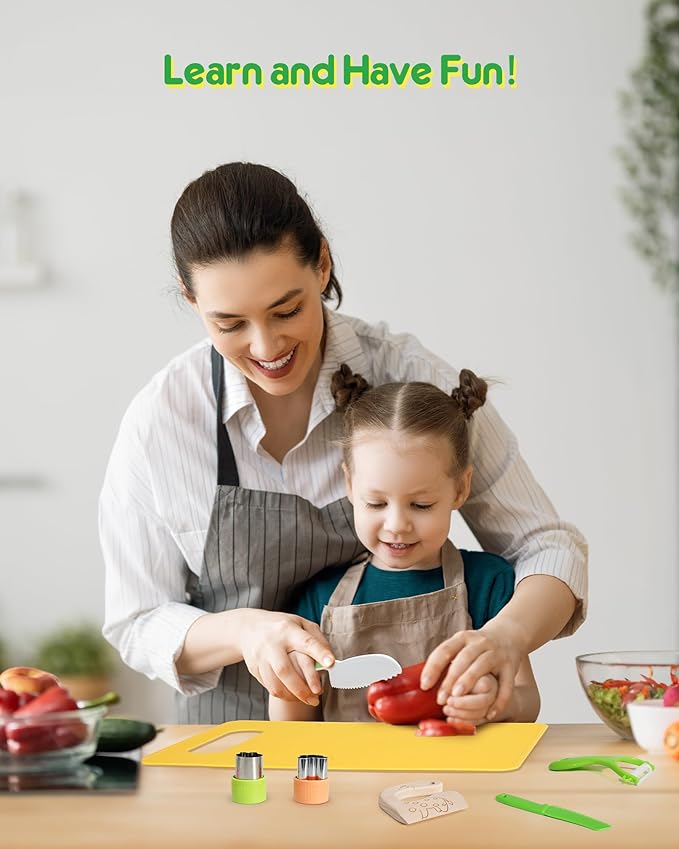 Kids Kitchen Knife Set, 11 Pcs BPA Free Montessori Kitchen Tools for Toddlers' Real Cooking, Include Kid Knives, Crinkle Cutter, Sandwich Cutters, Peeler, Cutting Board for Birthday