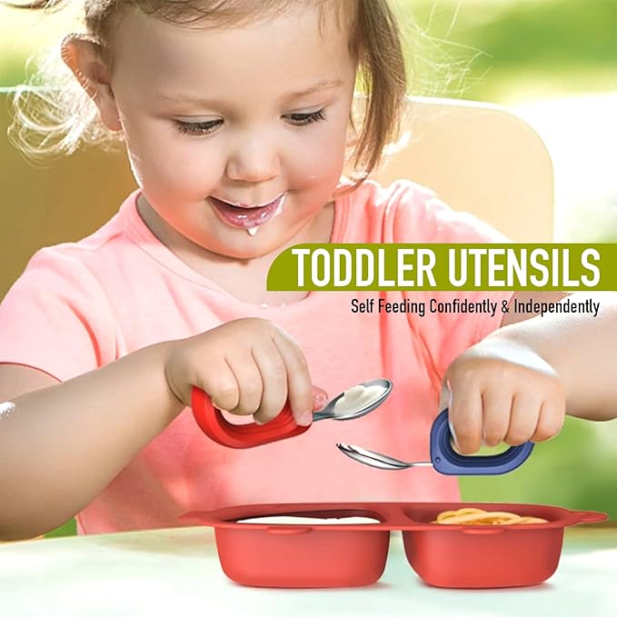 Toddler Utensils Baby Utensils Toddler Forks and Spoons Baby Forks and Spoons Set Kids Stainless Steel Silverware Set Children Safe Forks and Spoons self feedig-Dishwasher Safe(Red+Blue)