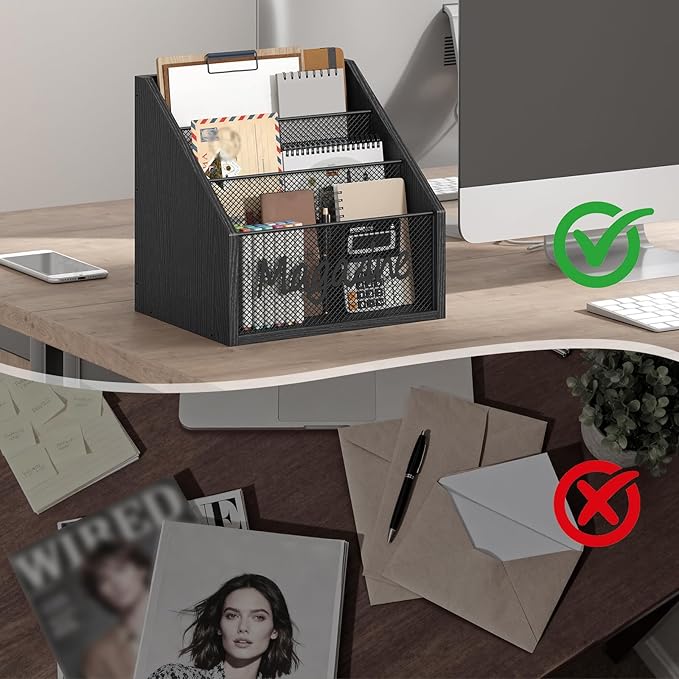 YATINEY Magazine Holder, Wood Magazine Rack Floor, Mail Organizer Countertop, Magazine Mail Holder Sorter, Record Holder for Magazines, Books, Newspapers, Tablets, Black MR02BB