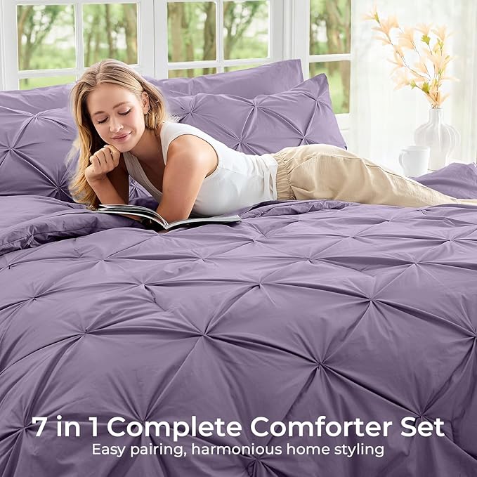 Sasttie Full Size Comforter Set, 7-Piece Bed in a Bag, Pintuck Bedding Set for All Season, Includes Comforter, Flat Sheet, Fitted Sheet, Pillowcases and Pillowshams, New Purple