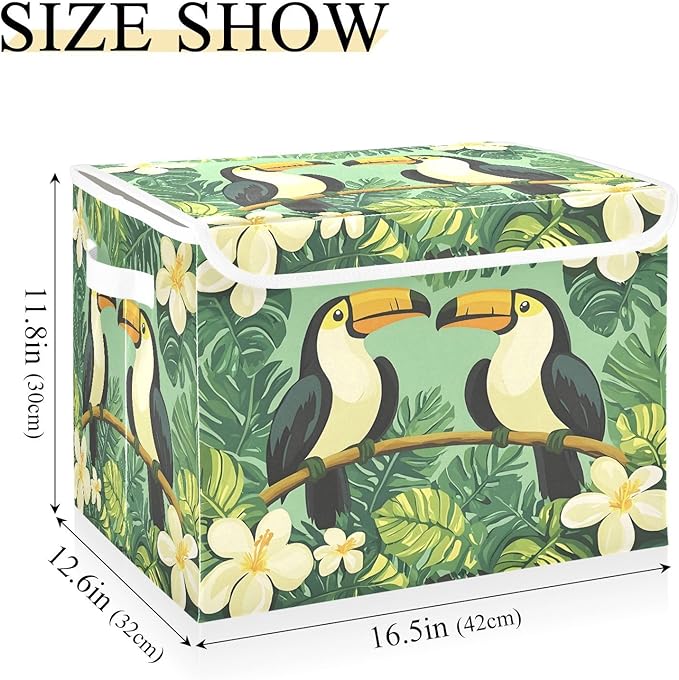 Large Storage Bins with Linen Collapsible Foldable Storage Cubes Fabric Closet Organizer Containers box Flip-Top Lid for Home Bedroom Office 16.7 x 12.6 x 11.8in (Bird Flower Leaves Green Pattern)