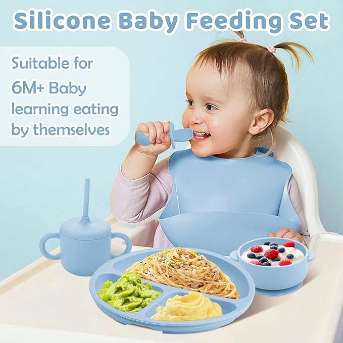 Silicone Baby Feeding Set, Baby Led Weaning Supplies, Eating Essentials Utensils with Suction Plate and Bowl, Pocket Bib, Sippy Cup with Lid, Forks Spoons Snack Container, for 6+ Months, Blue